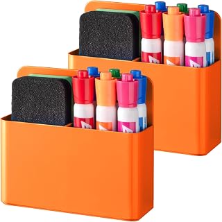 BEYGORM 2 Pack Plastic Magnetic Pen Holder for Refrigerator, Dry Erase Marker Holder for Whiteboard,Magnet School Locker Organizer Accessories, Pencil Cup, Pen Caddy, Classroom Organization(Orange)
