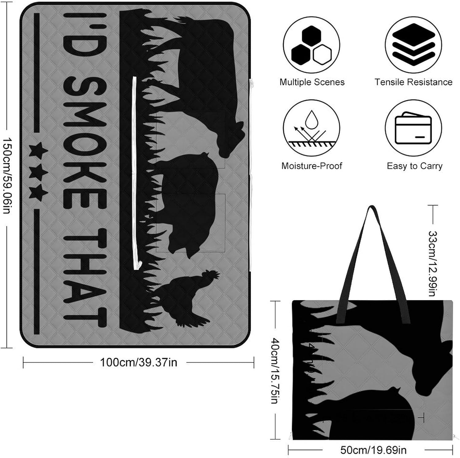 generic I'd Smoke That Patriot BBQ Barbeque Cook Chef Picnic Blankets,Portable Waterproof Foldable Picnic Mat,Sandproof Outdoor Mat for Park Picnic Blanket Accessories for Adults