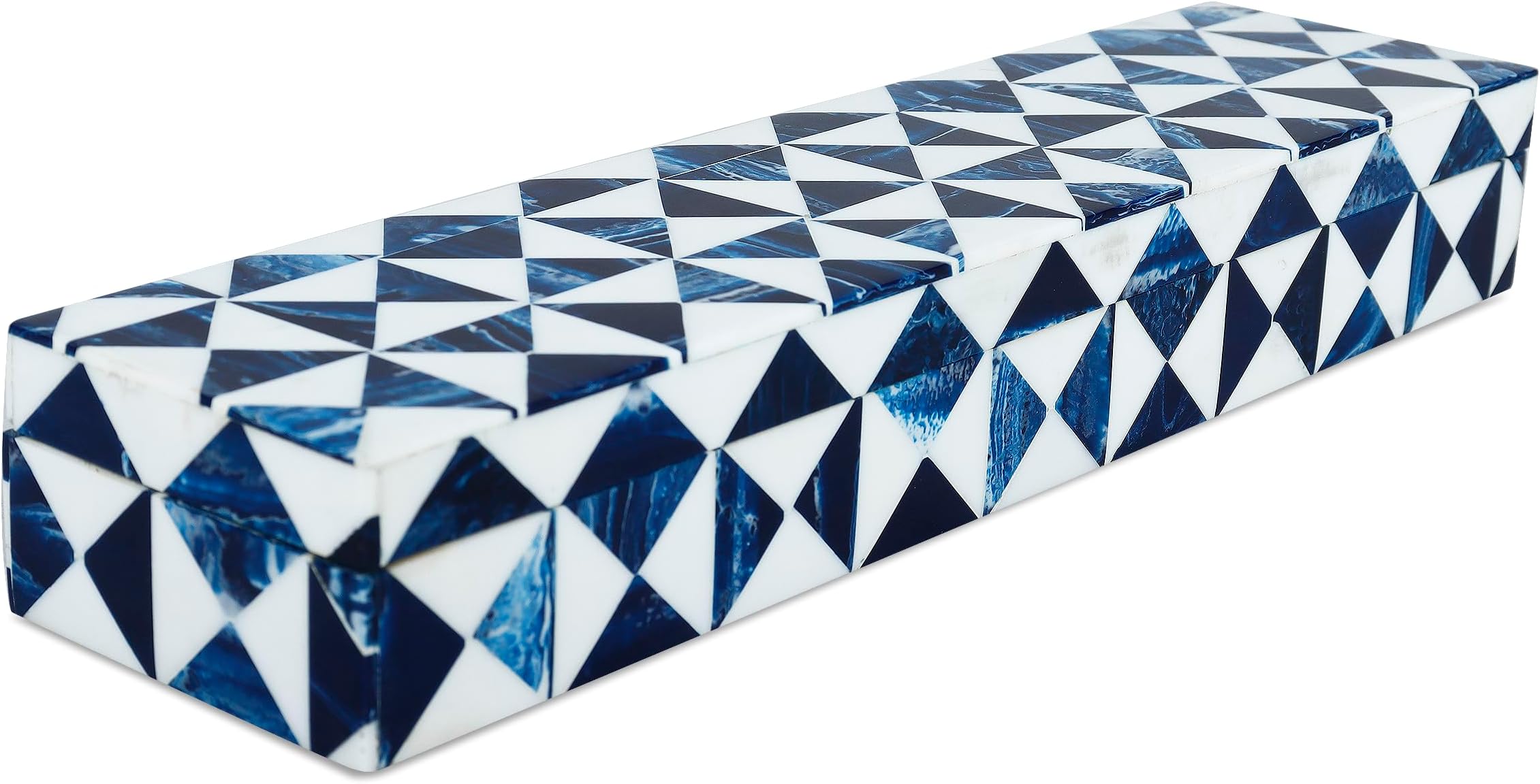 Handicrafts Home Blue and White Decorative Storage Box with Lid, Slim Remote Control Holder Box, Handmade Resin Inlay Wooden Box, Coffee Table Organizer, Small Keepsake Storage Box (10x2.5x1.5 Inch)