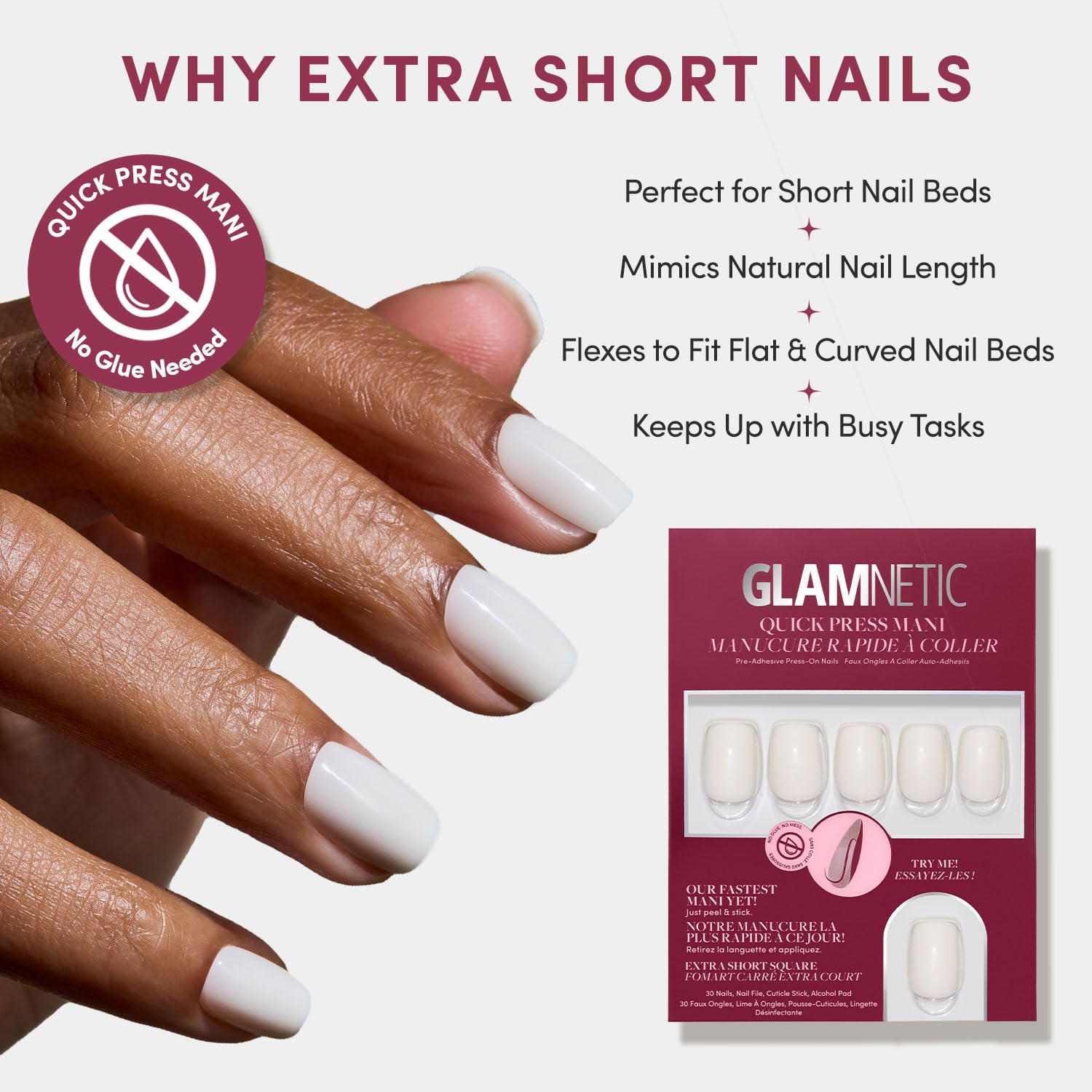 Glamnetic Quick Press Mani - No Glue Press On Nails, Just Peel and Stick, Square Extra Short Nails, Mess Free, Salon Quality Stick On Nails, Porcelain | in 15 Sizes - 30 Nail Kit | Gift For Mom