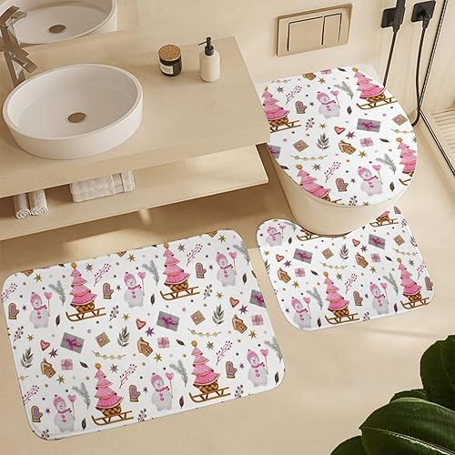 Juego de 3 alfombras de baño de terciopelo coral con diseño de muñeco de nieve rosa, diseño bonito, antideslizante, absorbente, en forma de U,