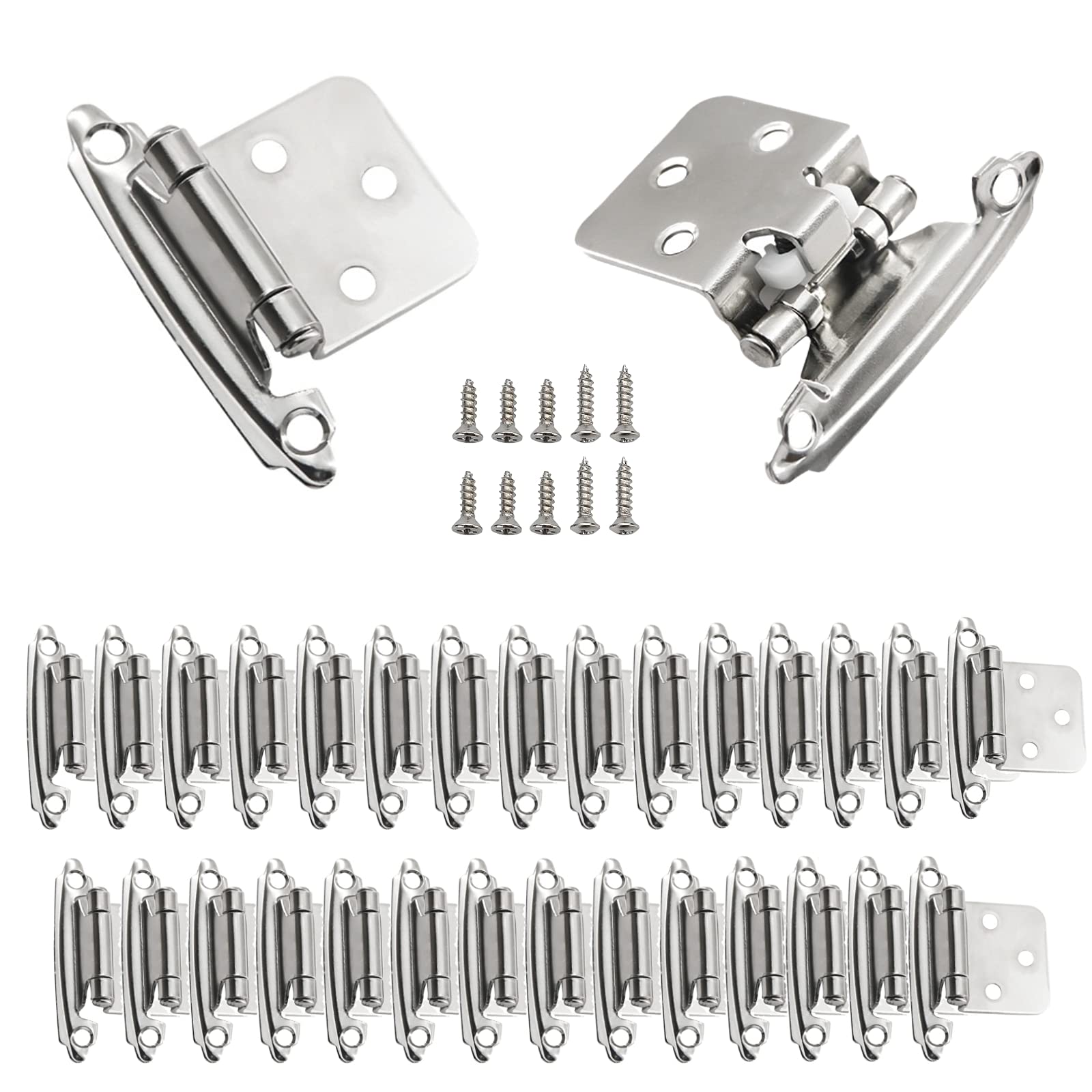 32 bisagras de gabinete, bisagras de puerta de cocina con cierre automático con tornillo de acero inoxidable, níquel satinado (16 pares)