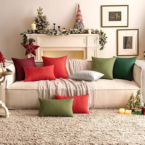 Miniatura 9 de Woaboy Juego de 2 fundas de almohada decorativas de lino verde para exteriores, fundas de almohada de lino sólidas, impermeables, para dormitorio,