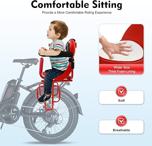 Miniatura 4 de Asiento de bicicleta para niños, asiento de bicicleta infantil montado en la parte delantera con cinturón de seguridad y pasamanos, asiento de