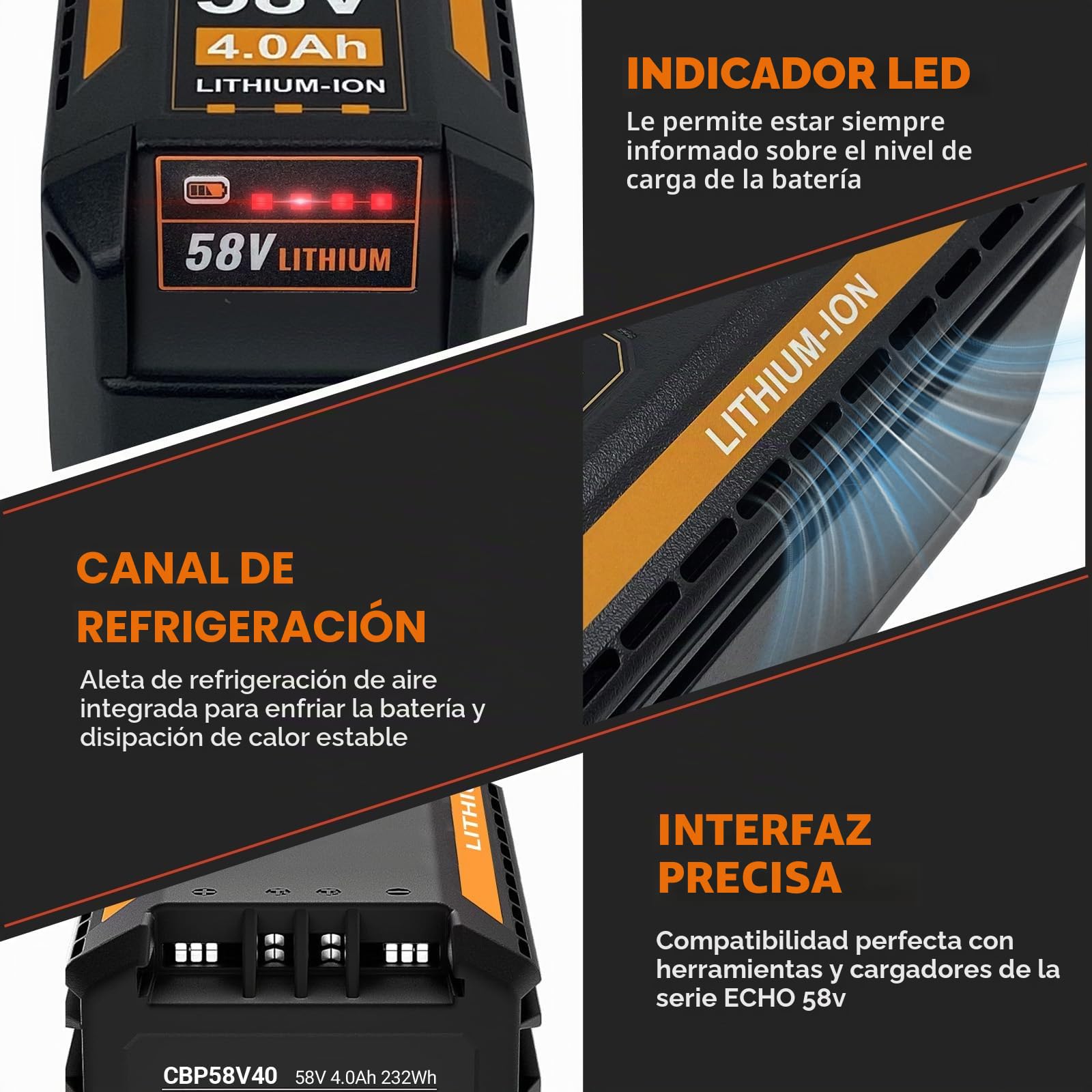 Batería de litio de 58 V y 4,0 Ah de repuesto para batería Echo 58 V CBP-58V40 CBP-58V20 CBP-58V2AH CHT-58V CDST-58V CCS-58V CLM-58V, compatible con herramientas eléctricas Echo 58 V MAX PRO serie (58