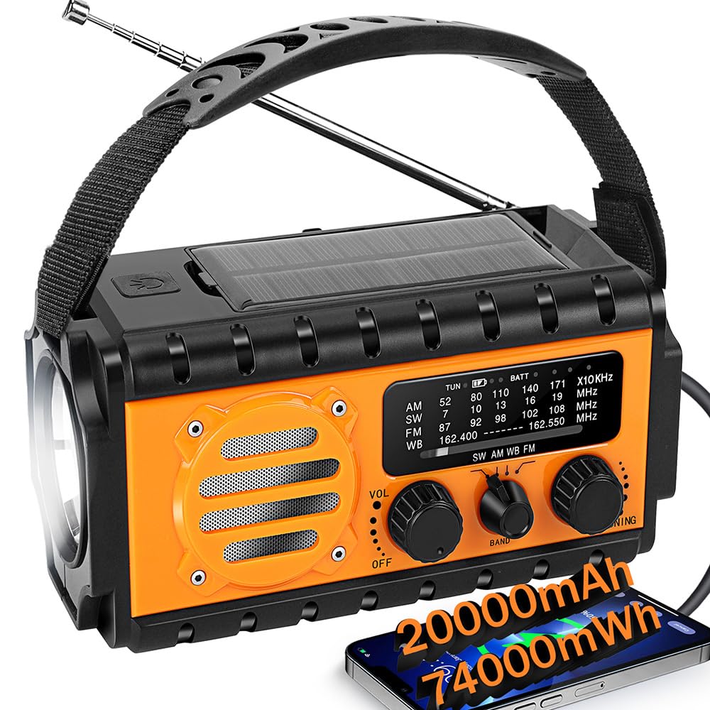 Winnes Radio d'urgence 20 000 mAh AM/FM avec lampe de poche et alarme SOS charge solaire
