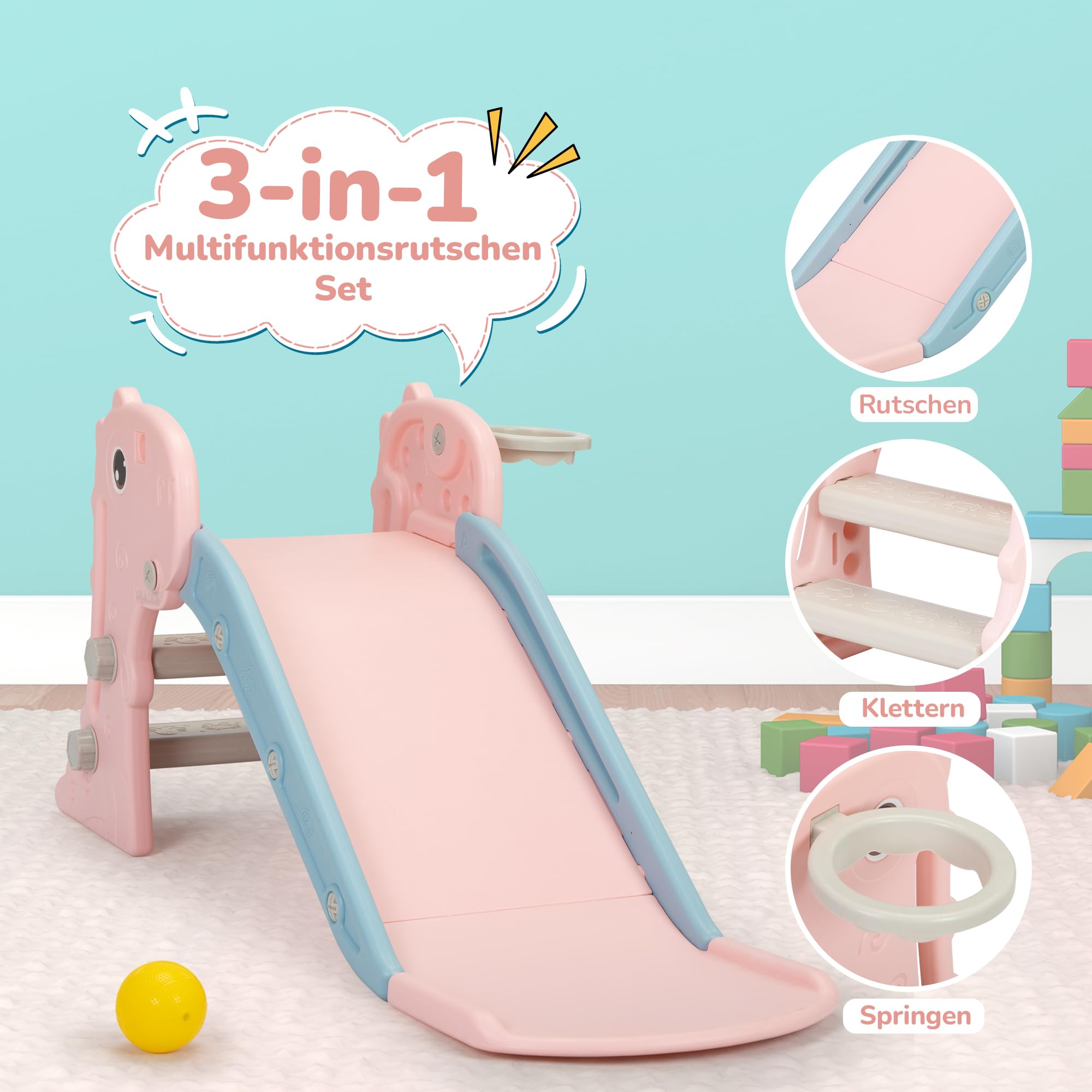Tobogán 3 en 1 para niños pequeños, juego de escalada para niños con canasta de baloncesto, zona de juegos interior y exterior para niños, diseño plegable, tobogán independiente para bebé, fácil