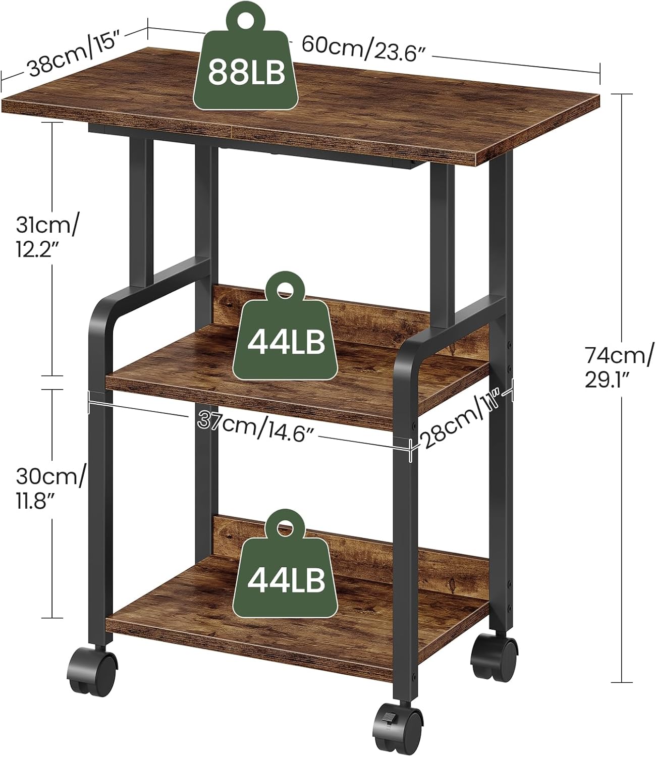 23.6-in Printer Stand with Storage, 3-Tier Printer Table for Home Office, Printer Cart Under Desk Storage, Suitable for Study, Kitchen, Living Room, Rustic Brown and Black TPS02BF