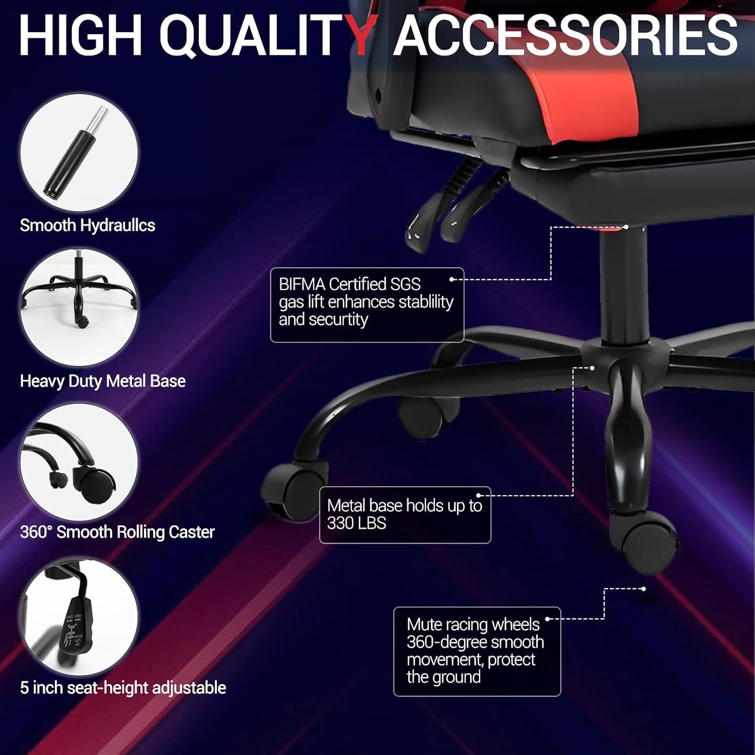Gaming Chair with Footrest for Adults, PU Leather Massage Racing Video Game Chair w/Lumbar Support for Men Women, Ernogomic Computer Gamer Chair for Home Office, Height Adjustable, Red