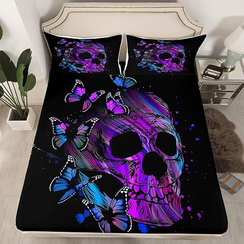 Miniatura 2 de Erosebridal Juego de sábanas de calavera morada, tamaño matrimonial, sábanas retro psicodélicas de mariposa gótica, juego de ropa de cama de