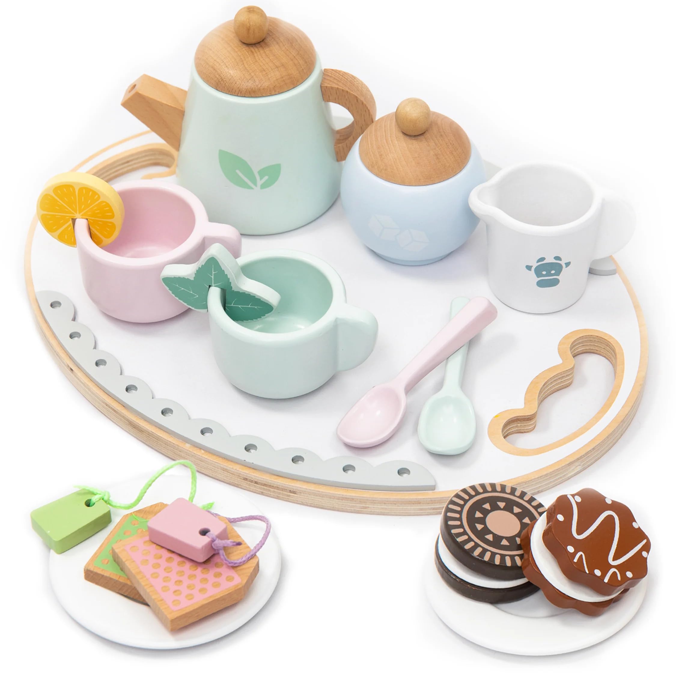 UMU Wooden Tea Service Play Set for Children, Tea Set including Tray, Colorful Cups, Tea Bags and More