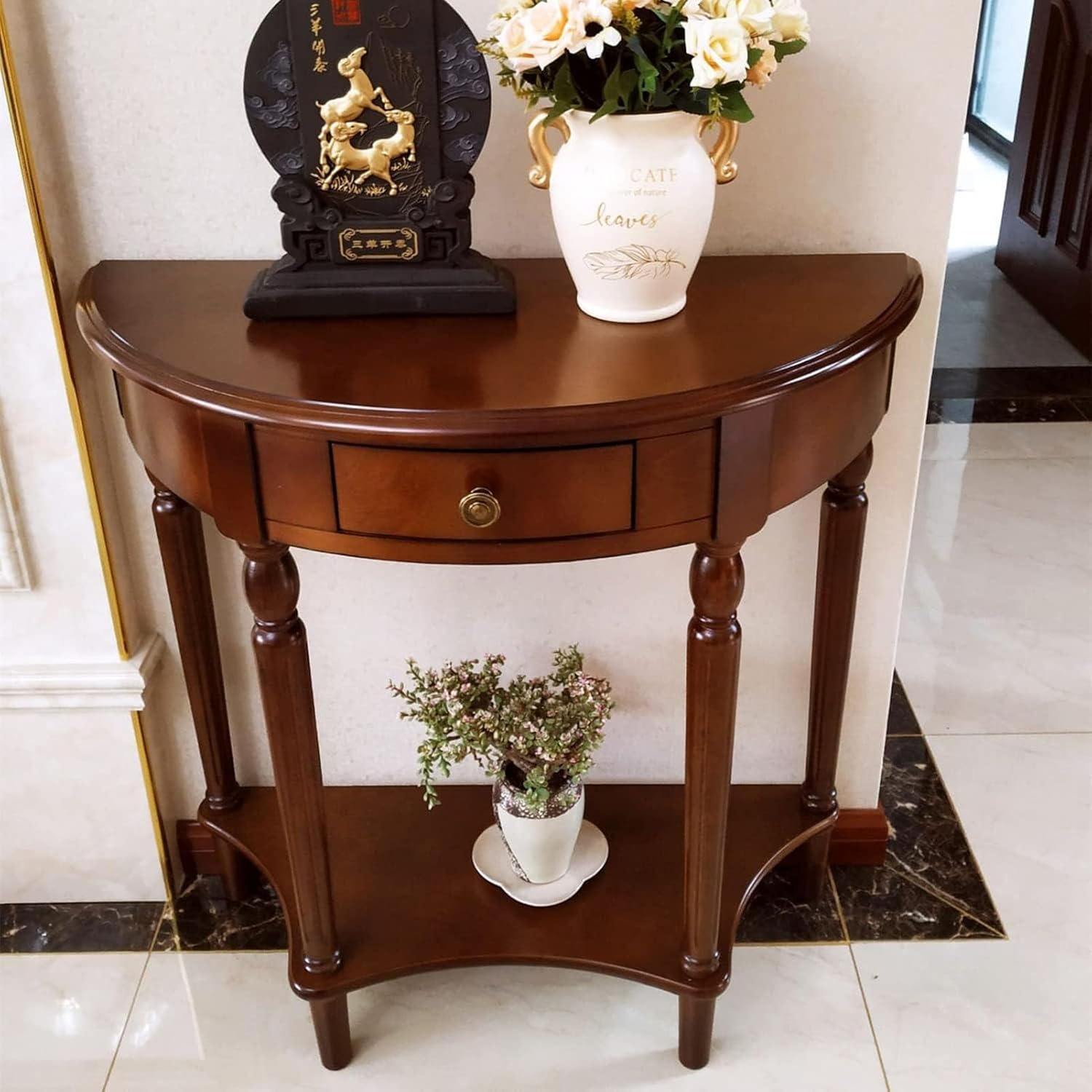Half Moon Table, Table Solid Wood with Drawer Half-Moon Porch Side Elegant Vintage, Semi-Circle Entryway Storage Shelf, for Hallway Entrance Decor(Walnut-Colored, 23.6" L x 11.8" W x 31.5" H)