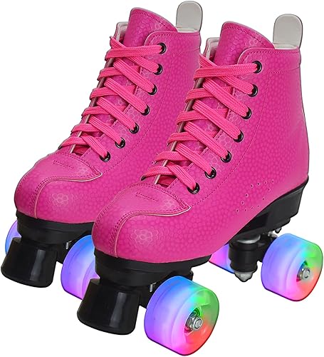 Veniveta Patines clásicos de doble fila para mujeres y niñas con 8 ruedas iluminadas, patines de piel sintética para principiantes, adolescentes,