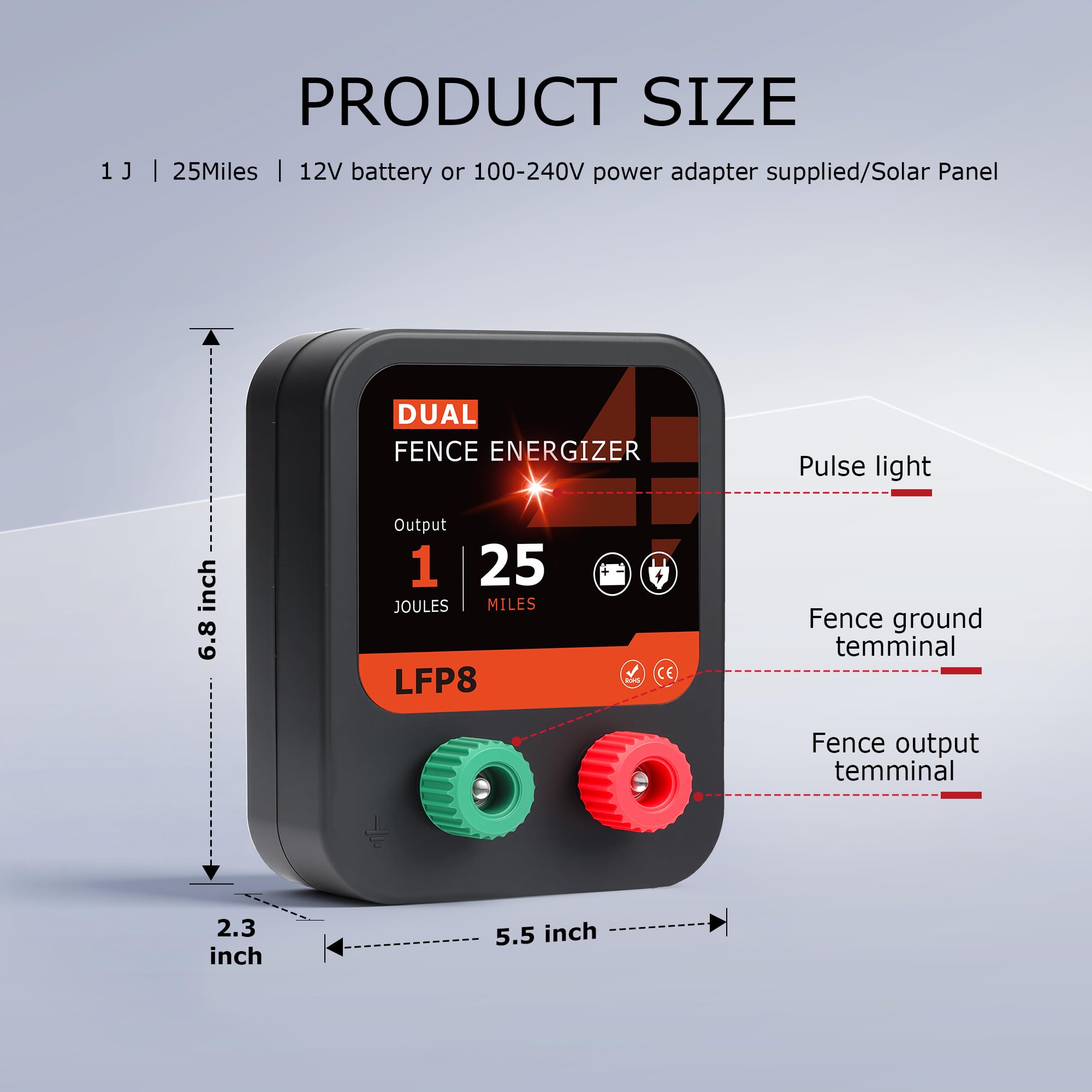 LFP8 - Energizador eléctrico de valla eléctrica de 12 V, salida de 1 julio, 25 millas, kit de valla eléctrica que incluye cables y estaca de tierra, alimentado por CC para caballo, vaca y otros