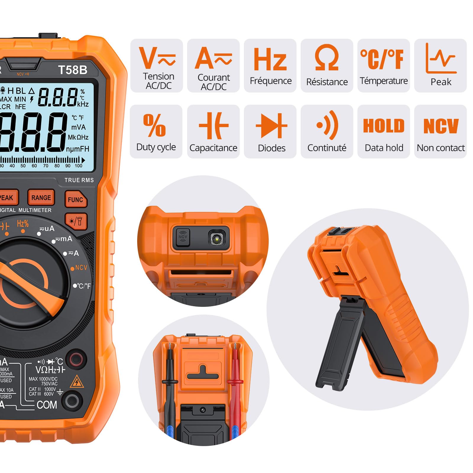 Proster Multimètre Numérique 9999 Comptes TRMS Auto-Range NCV – Testeur Électrique AC/DC avec Mesure Température, Crête, Continuité, Alerte Jack et Support Magnétique