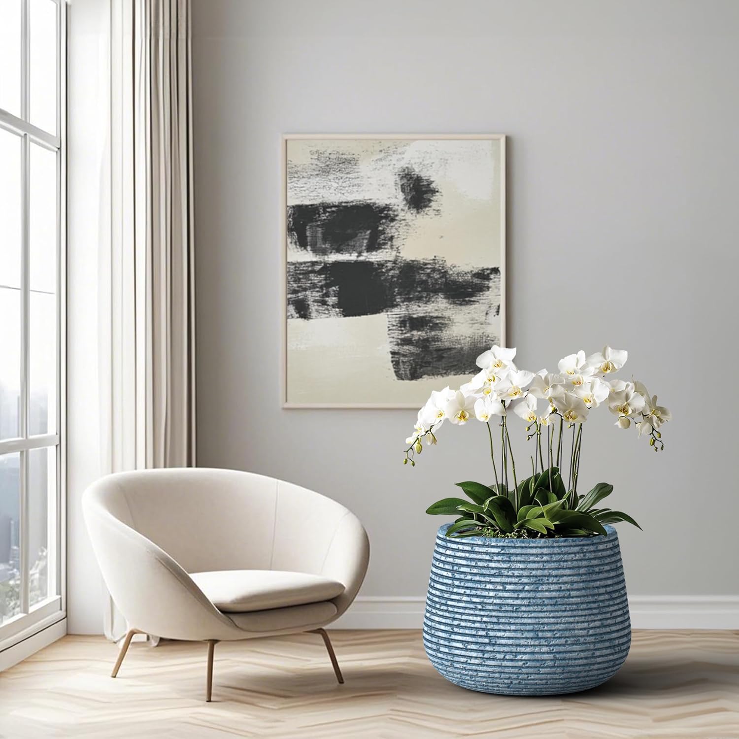 Round Concrete Planter, 18.1 Inch Dia Mineral-Toned Surface Plant Pot with Drainage Hole and Plug, Ideal for Succulents, Flowers and Trees for Porch, Patio or Home, Celestial Blue Vein