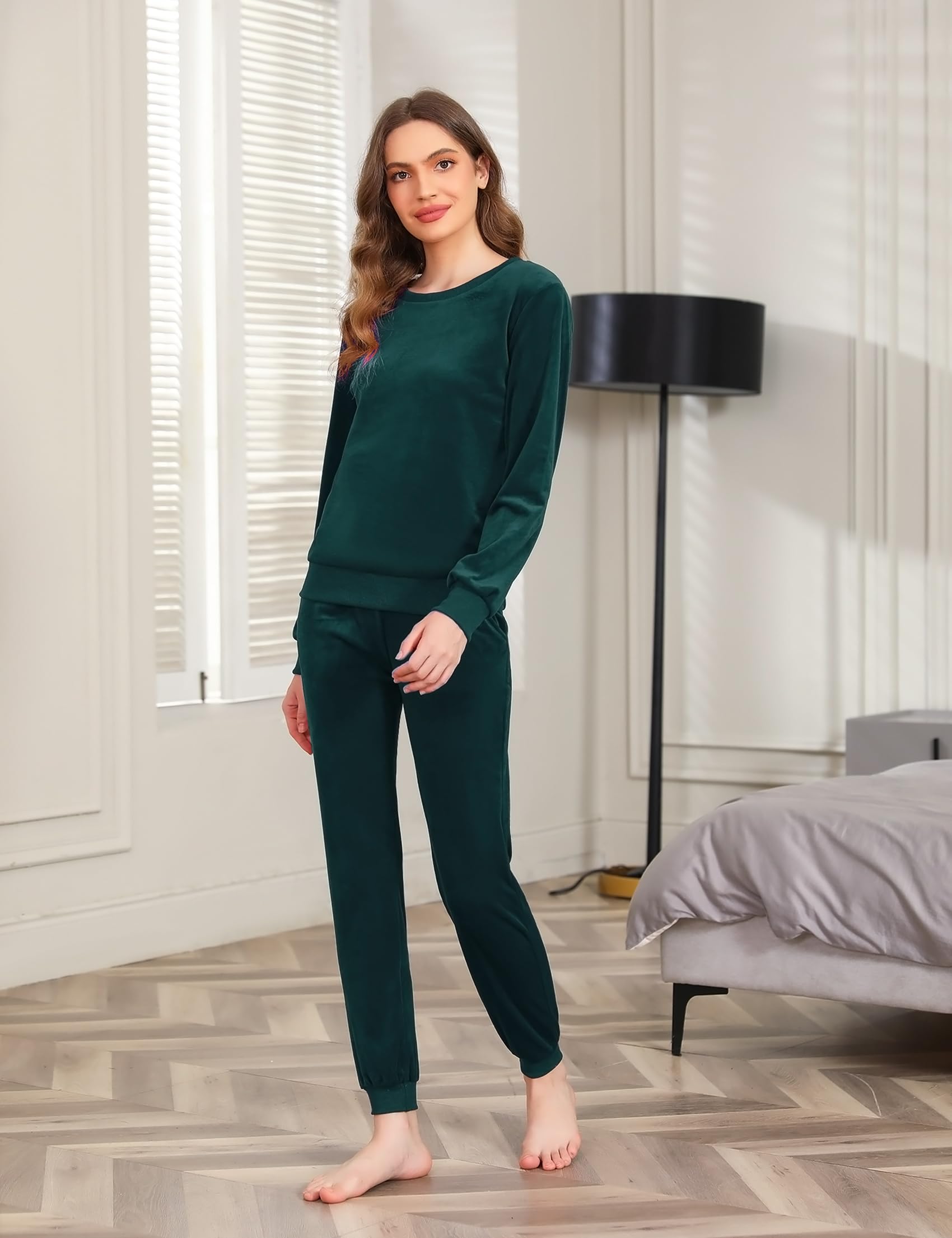 Wayleb Pigiama Donna Invernale Due Pezzi,Velluto Loungewear Tuta Casa Calda Autunno Inverno Manica Lunga Girocollo Maglia Top con Tasche e Pantaloni S-3XL