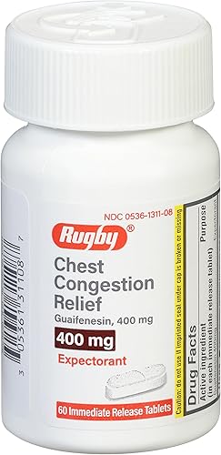 Alivio de la congestión del pecho de rugby - Guaifenesina 400 mg - Expectorante - 60 tabletas de liberación inmediata
