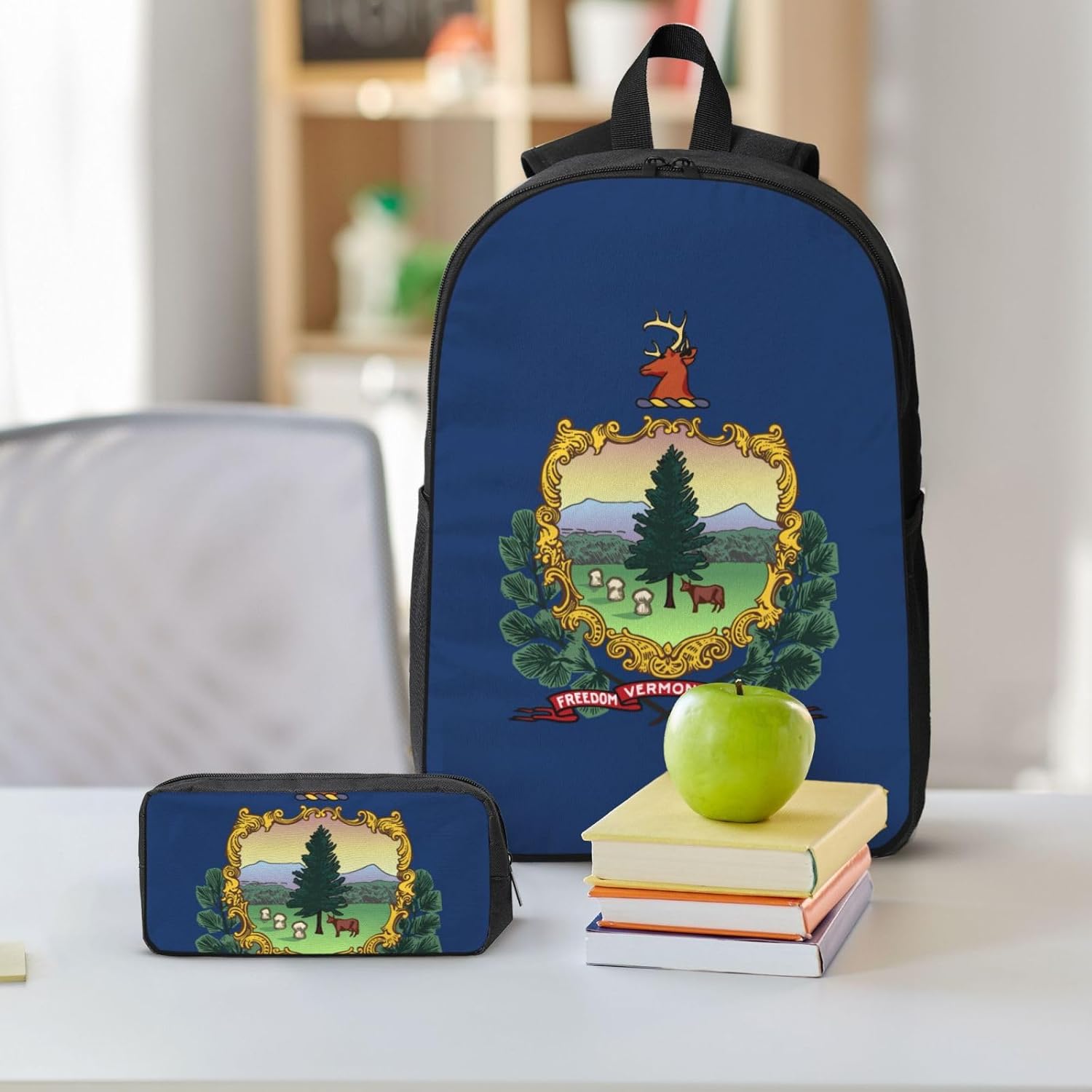 Vermont State Flag print Shoulder Bookbags Lunch Bag and Pen Case 17 inches Backpack with Lunch Box, Cute Bookbag Set