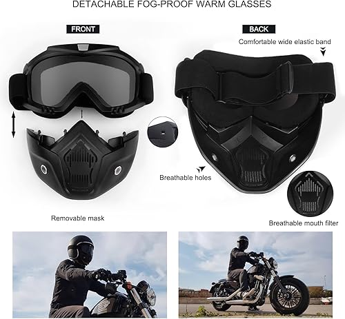 Miniatura 5 de Gafas de montar para casco de motocicleta con máscara facial extraíble, gafas cálidas desmontables a prueba de niebla, filtro de boca ajustable,