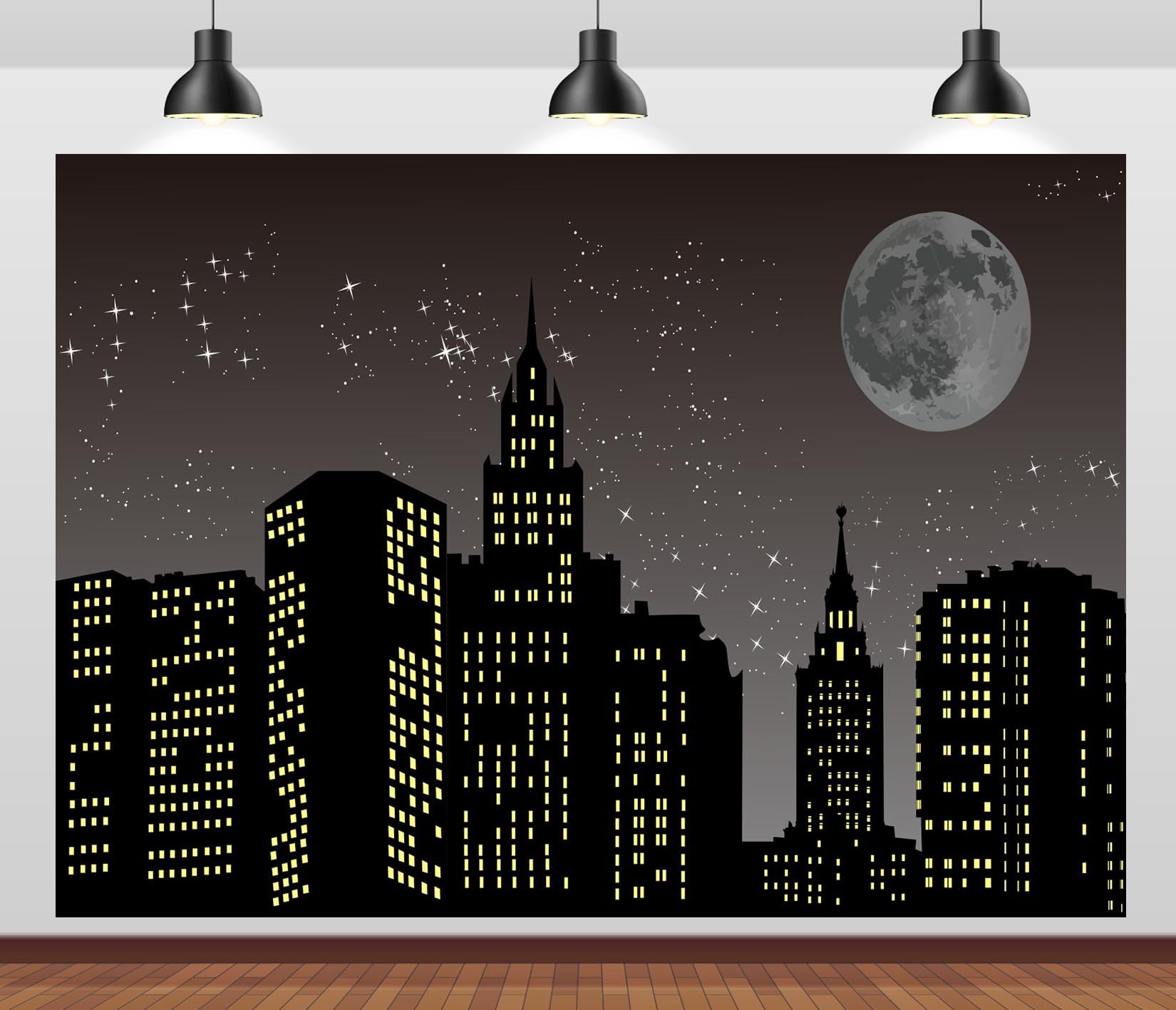 Loccor 7x5ft Fabric Cartoon Super City Backdrop City Skyline Skyscraper Urban Night Sky Moon and Stars Background for Superhero Photoshoot Kids