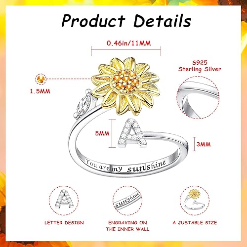Miniatura 7 de Kucheed Anillos giratorios para mujeres, anillo giratorio de tamaño ajustable con diseño de girasol, anillo circular de dedo plateado apilable para