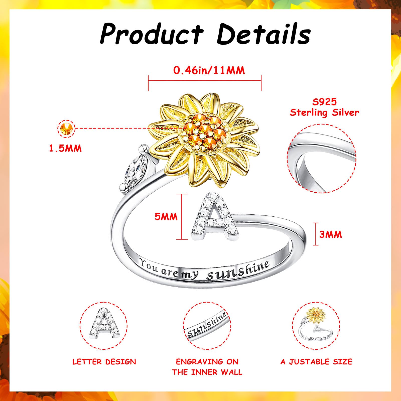 Fidget Rings Dla Kobiet, Kucheed Sunflower Regulowany Rozmiar Spinner Ring, Srebrny, Układany W Stosy, List Antystresowy,Kółko Na Palec, Wygrawerowane 'You Are My Sunshine'Wewnątrz Biżuterii