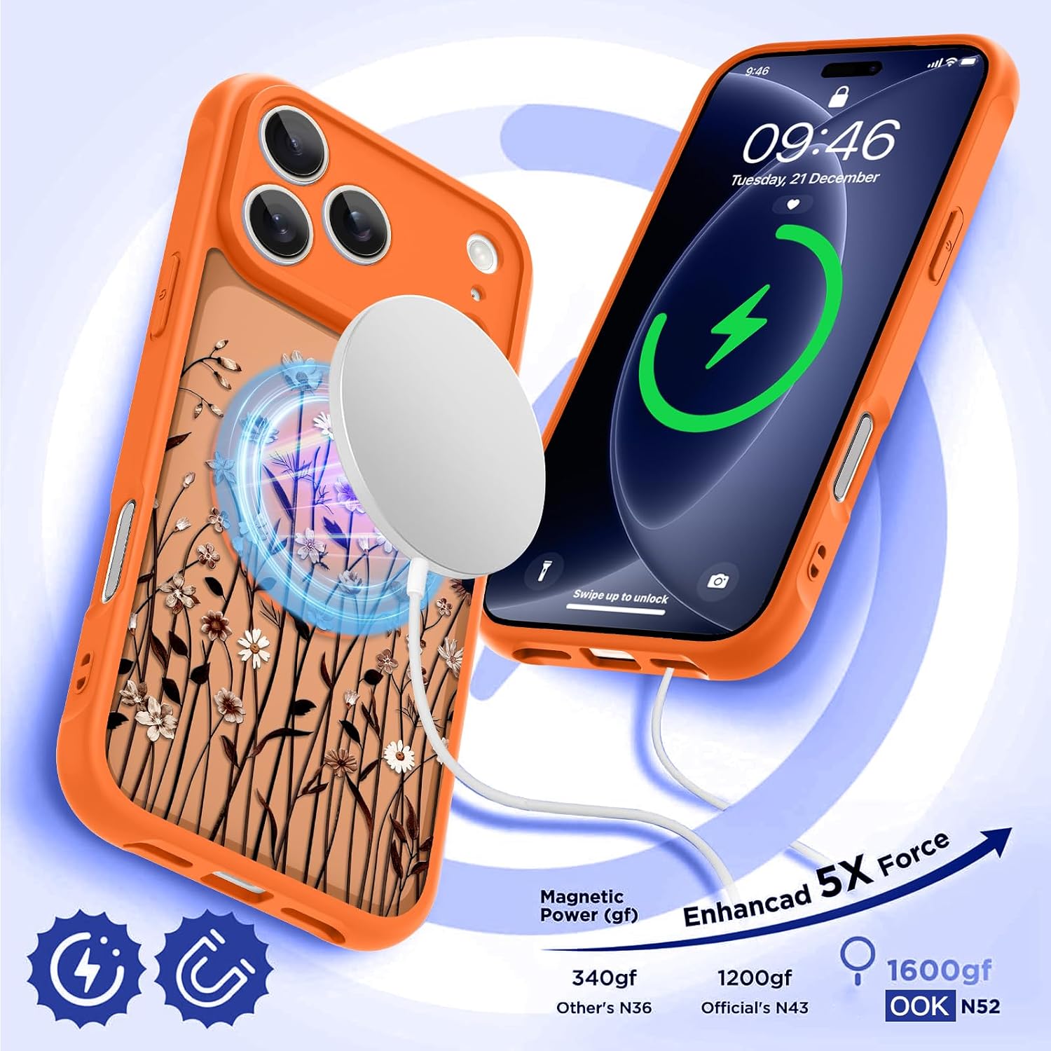 OOK Phone Case for iPhone 18 Pro Max Magnetic Orange Wild Folwers Design image 2