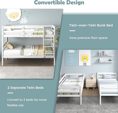 Miniatura 5 de KOMFOTT Litera individual sobre individual, marco de litera con barandilla de longitud completa y escalera integrada, litera de madera para espacios