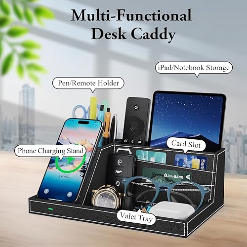 Miniatura 6 de TopMade Organizador de mesita de noche de escritorio con cargador inalámbrico, soporte de cuero para bolígrafos, accesorios de oficina, estación de