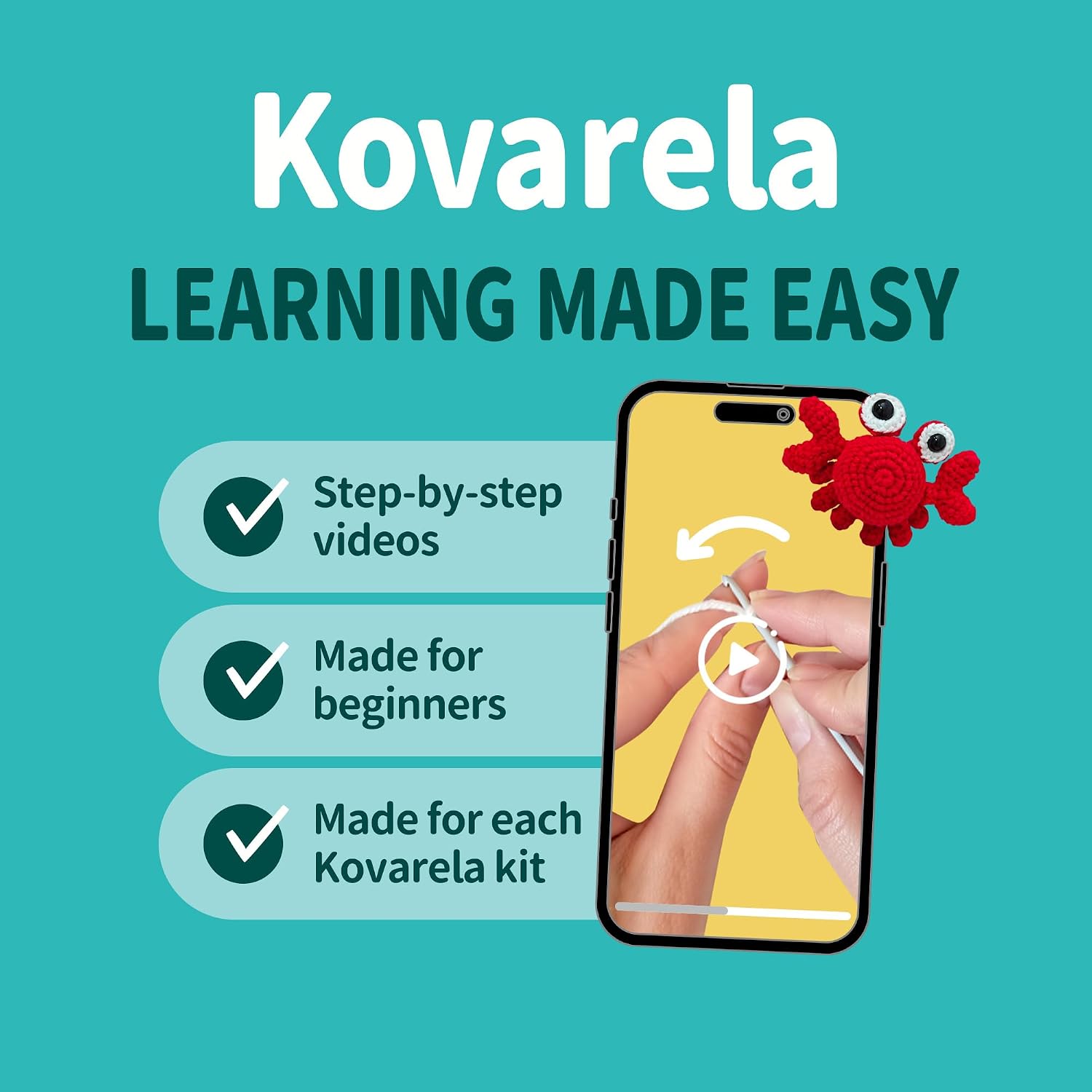 Kovarela Crochet Kit for Beginners Adults – Easy All-in-One Starter Pack with Fun Video Tutorials, Extra Yarn & Tools – DIY Amigurumi Craft Gift (Craft & Chill Edition)