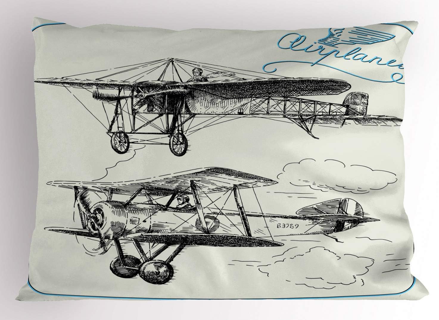 Ambesonne Airplane Pillow Sham, Classic Nostalgic Planes Aircraft Propeller in The Sky Fast Travel Wings Sketch, Decorative Standard King Size Printed Pillowcase, 36″ X 20″, Blue Black
