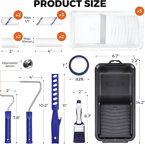 Miniatura 6 de Kit de 20 rodillos de pintura pequeños, 4 x 2 pulgadas con espuma especial de borde hundido, rodillos de microfibra y bandeja de pintura versátil