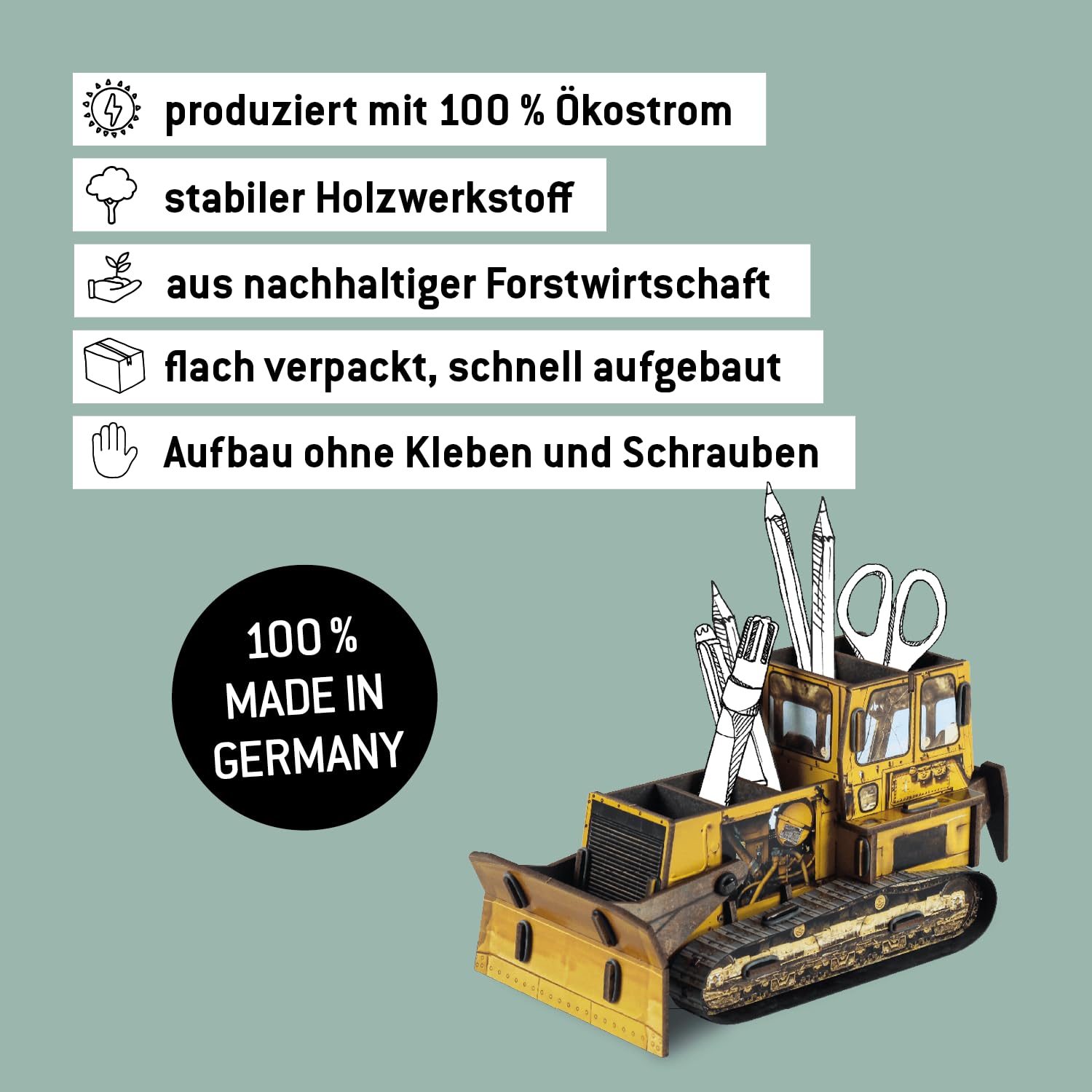 Werkhaus WE 2057 Stiftebox Raupe – dekorativer Schreibtisch Organizer mit 5 Fächern aus Holzwerkstoff, Stiftehalter für Büro Schule Homeoffice - Made in Germany