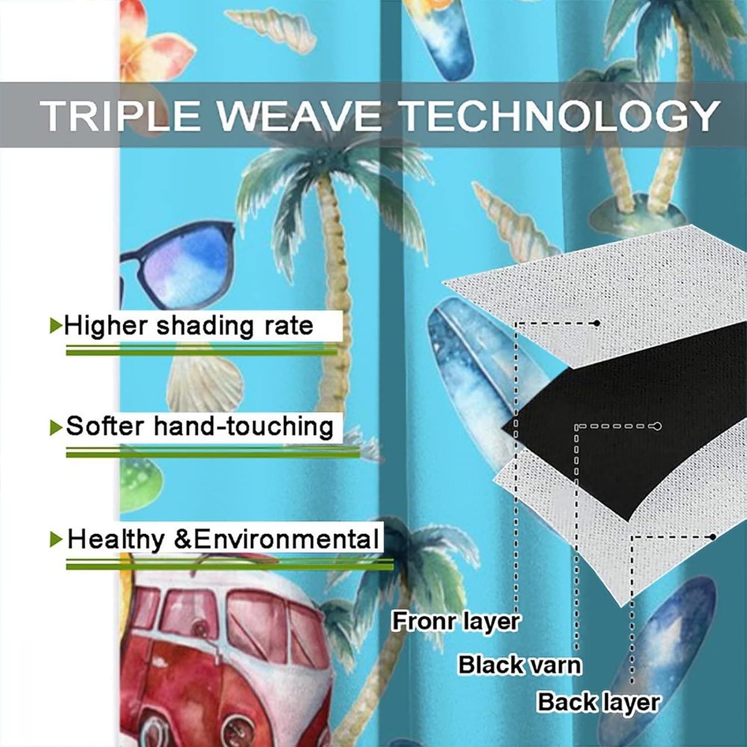 Retro Summer Ocean Beach Blackout Curtains,Watercolor Coconut Tree Surfboard Camper Theme Window Curtains Rod Pocket Thermal Insulated Room Darkening Blackout Curtains 2 Panels 63L x 27.5W