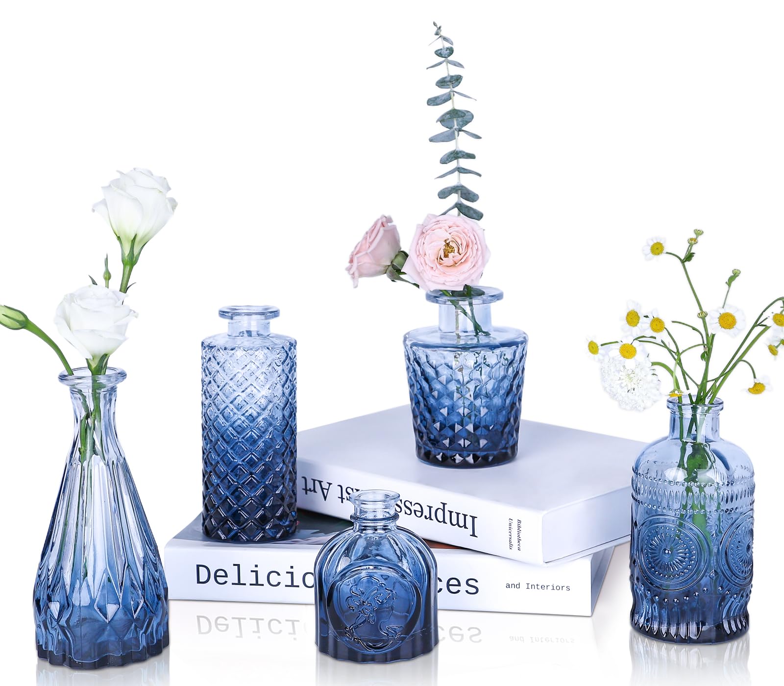 Photo 1 of UPBUD Navy Blue Glass Bud Vases Set of 5, Mini Flower Vase for Centerpieces, Small Clear Vases in Bulk for Wedding Decorations, Vintage Vase for Table, Graduation, Home Décor