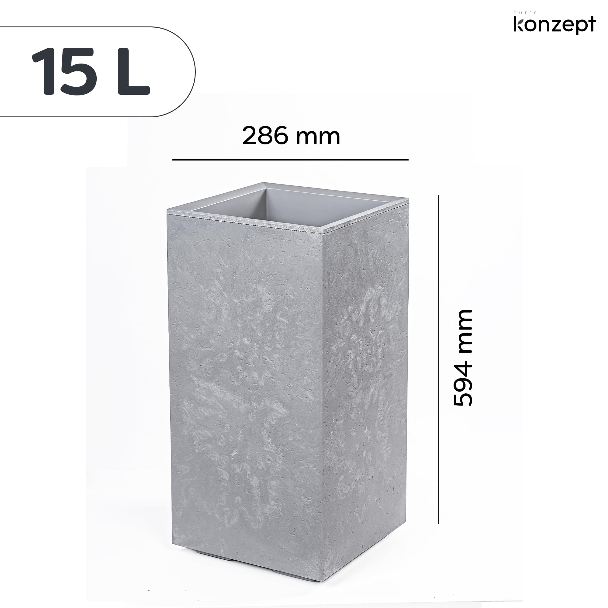 KONZEPT Macetero grande alto de hormigón con ruedas y drenaje, 28,6 x 28,6 x 59,4 cm, para interior y exterior, color gris