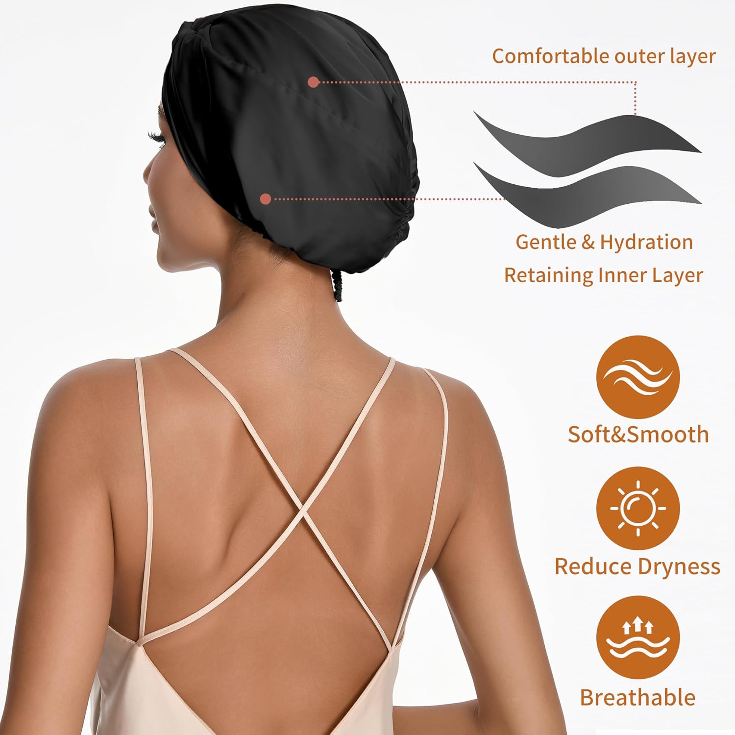 Adjustable Silk Satin Hair Bonnet for Sleeping with 5% Mulberry Silk – Double Layer Hair Cap for Women & Men, Extra Smooth Night Cap for Curly, Braided, Natural Hair – Silk Shower Cap (Black) - Image 3