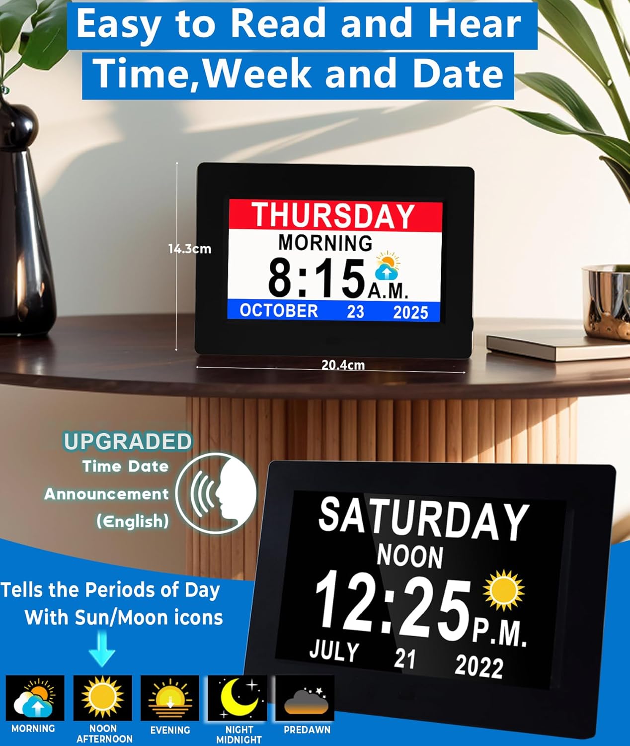 27 Alarms Digital Talking Clock with Loud Voice Time Date, Auto DST, 20 Custom Reminders, 10-Level Dimmer, Sleep Trainer, Speaking Day Date Calendar Clock for Seniors Dementia Alzheimers- with Remote