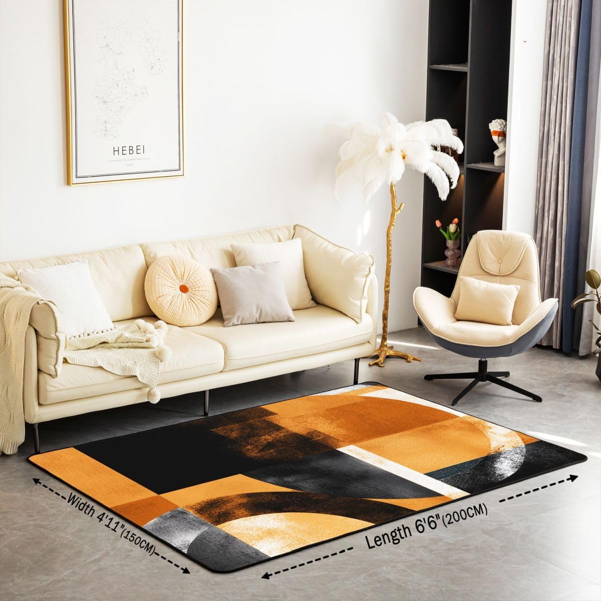 Orange Black White Area Rug 5x7 for Girls Boys Kids Geometric Decorative Carpet Set Room Decorative Glitter Rugs for Living Room Bedroom Luxury Indoor Floor Mat Abstract (No Glitter)