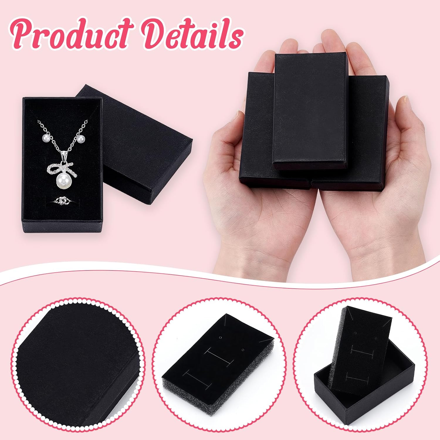 48Pcs Black Jewelry Gift Boxes, 3.1x2x1.2 Inch Rectangle Cardboard Jewelry Boxes Bulk with Lid and Sponge Lining, Small Necklace Packaging Box for Ring Earring Bracelet Display Box