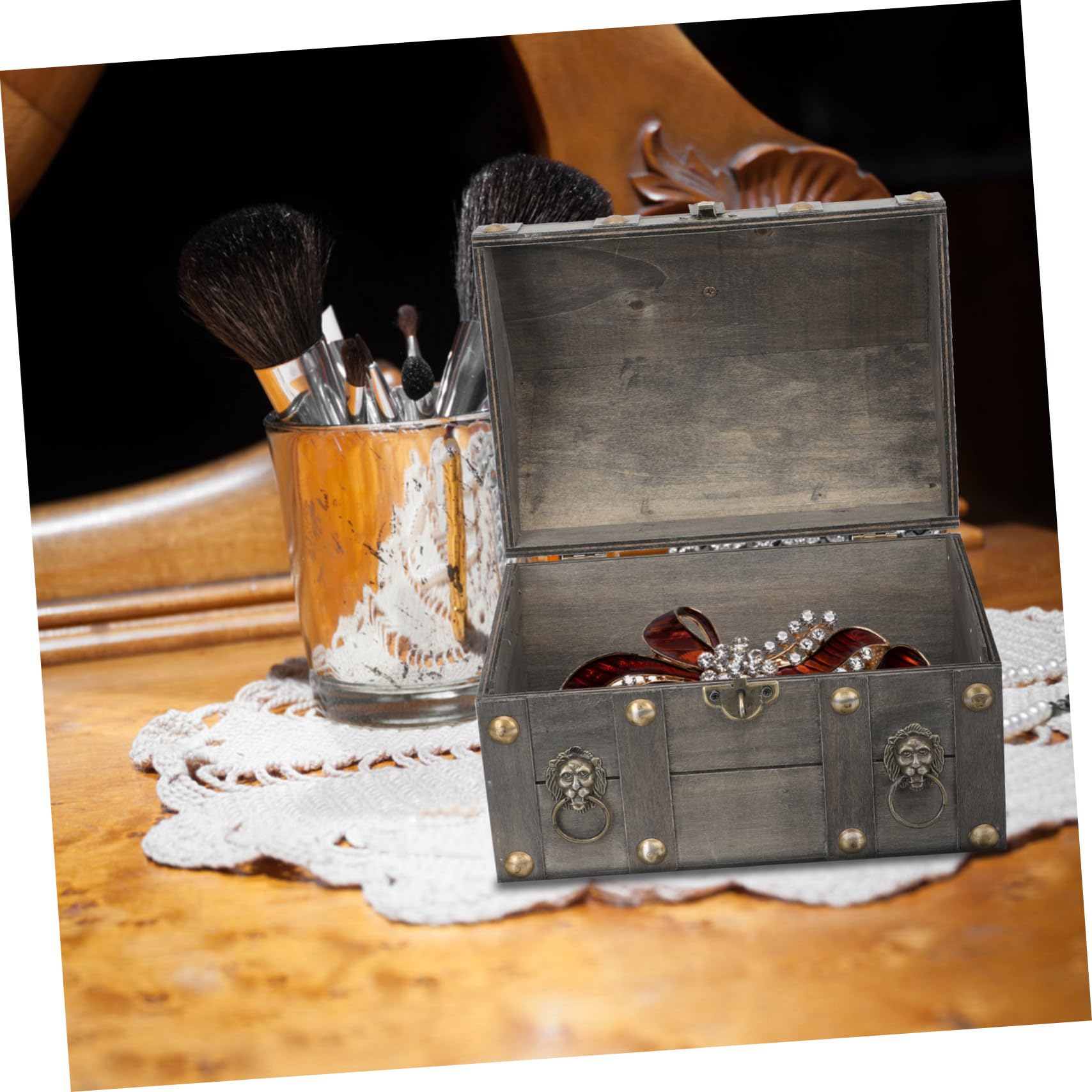 Holibanna Schmuckschatulle Aus Holz Holzschlosskasten Vintage Schmuck Organizer Tragbare Holzkiste Mit Schloss Staubschutz Reise Geschenk Für Frauen