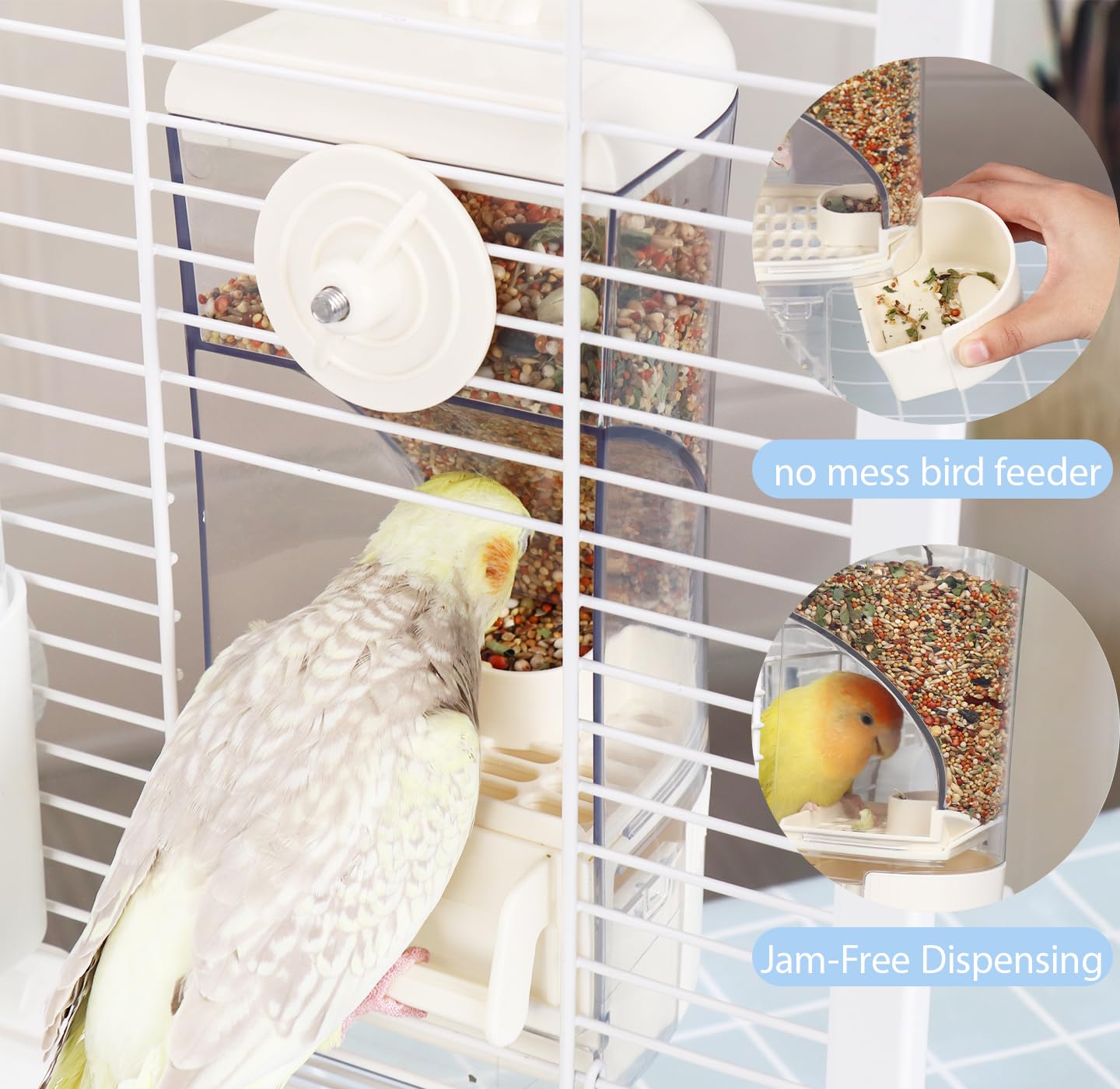 No-Mess Bird Feeder & Waterer Set for Cage, 300ml Auto Feeder with Seed Hull Catcher & 400ml Stainless Steel No-Backflow Drinker, for Cockatiels Conures Parakeets - image 5