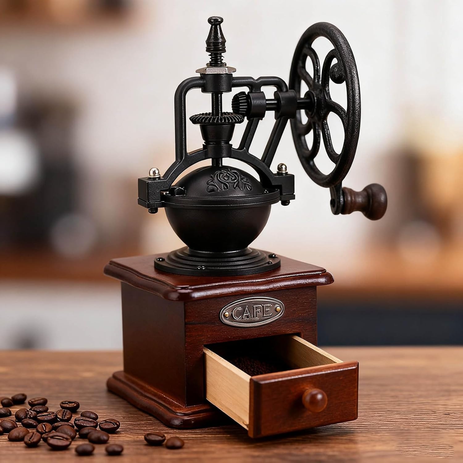 Ferris Wheel Shaped Vintage Wooden Coffee Grinder, 2026 New Retro Hand Manual Crank Coffee Bean Mill, Portable Classic French Press Grinders for Home Kitchen, Easy to Clean, Ergonomic Design (Black)