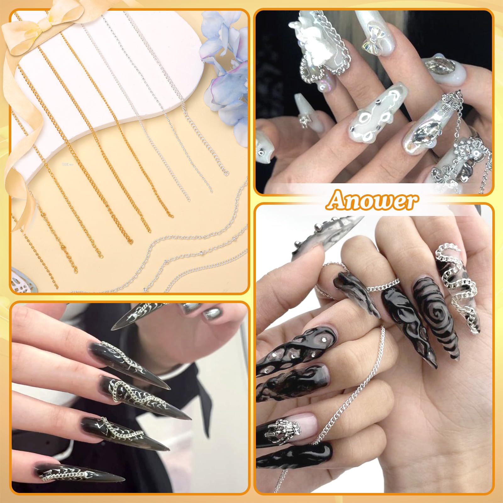 12 strisce di catene per nail art e perline in metallo per unghie (argento + oro) per nail art acrilica, catene dorate, piccole gemme rotonde per manicure fai da te accessori