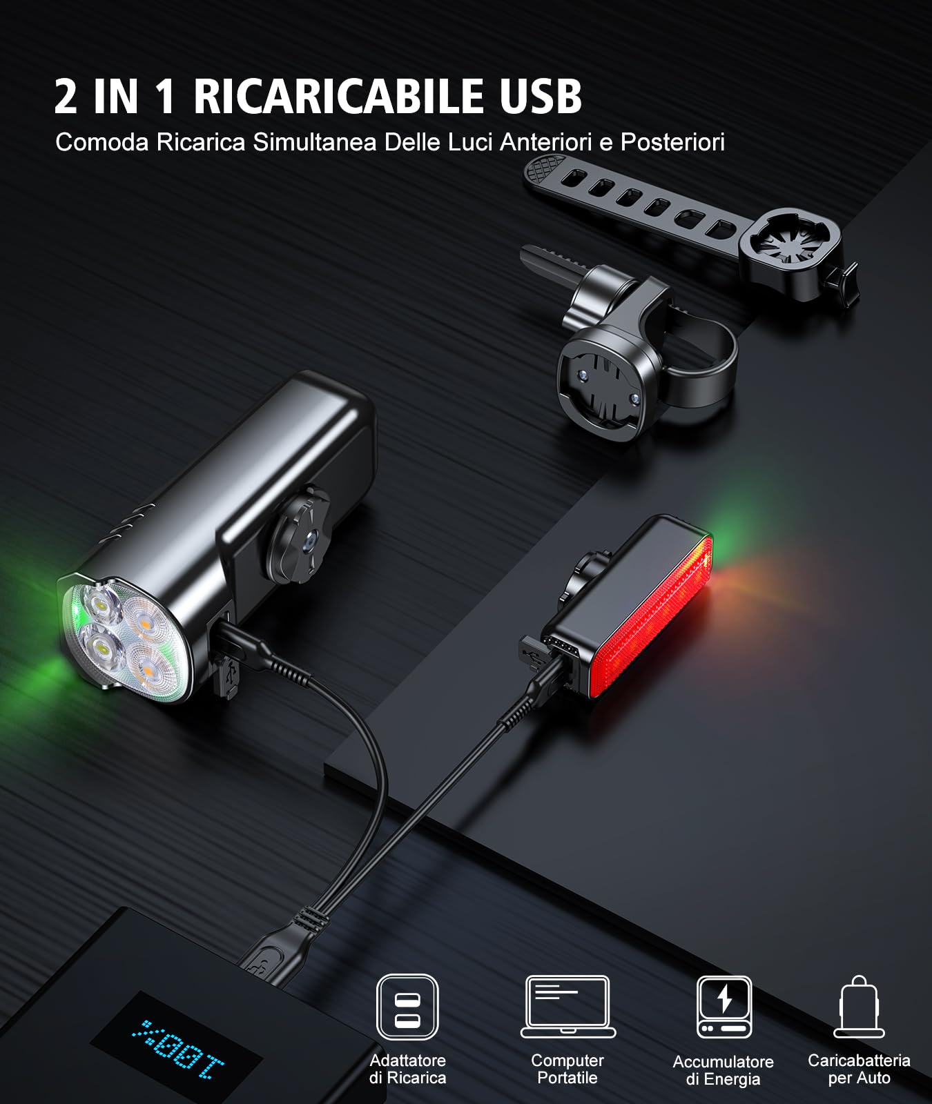 Babacom Luci Bicicletta LED, [8+6 Modalità & Faretto + Luce Diffusa] Luce Bici Anteriore e Posteriore, 1300 Lumen & Impermeabile IP65, Ricaricabili USB Alluminio Luci Targa per Moto, MTB, Corsa