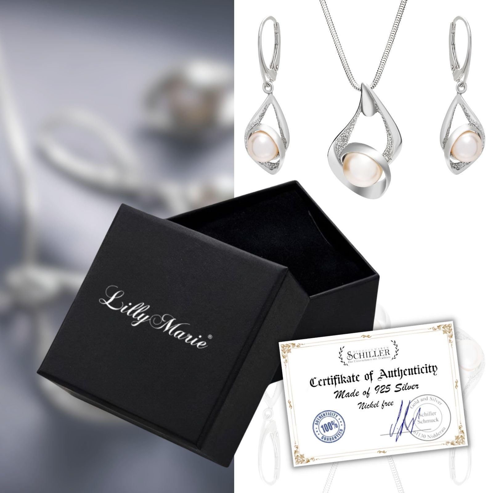 LillyMarie Sterling-Silber 925 Schmuckset Mit Perlenanhänger Und Ohrringen In Geschenkverpackung