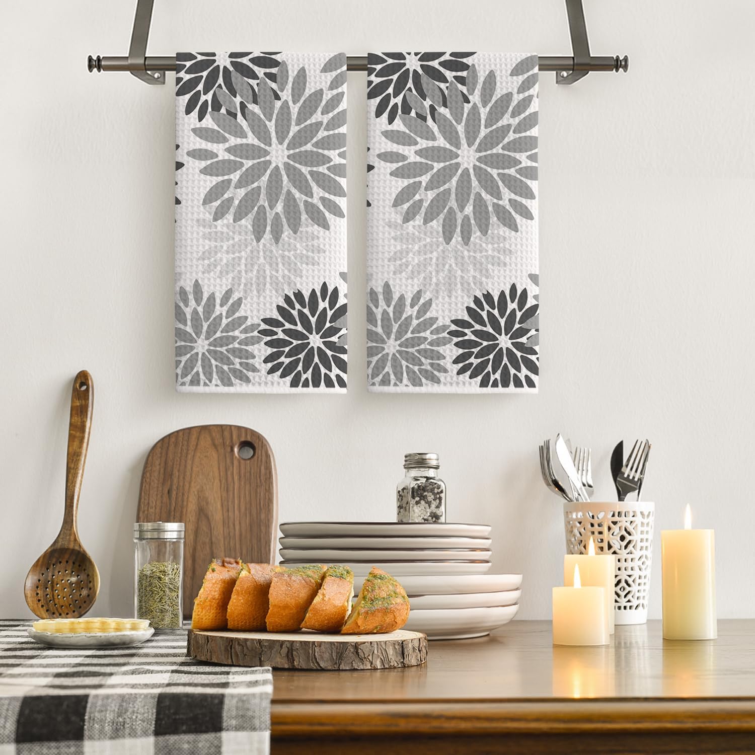 Artoid Mode Grey Dahlia Floral Kitchen Towels Dish Towels, 18x26 Inch Quick Dry Microfiber Cloth Hand Towels for Kitchen Drying Set of 2 - Image 2