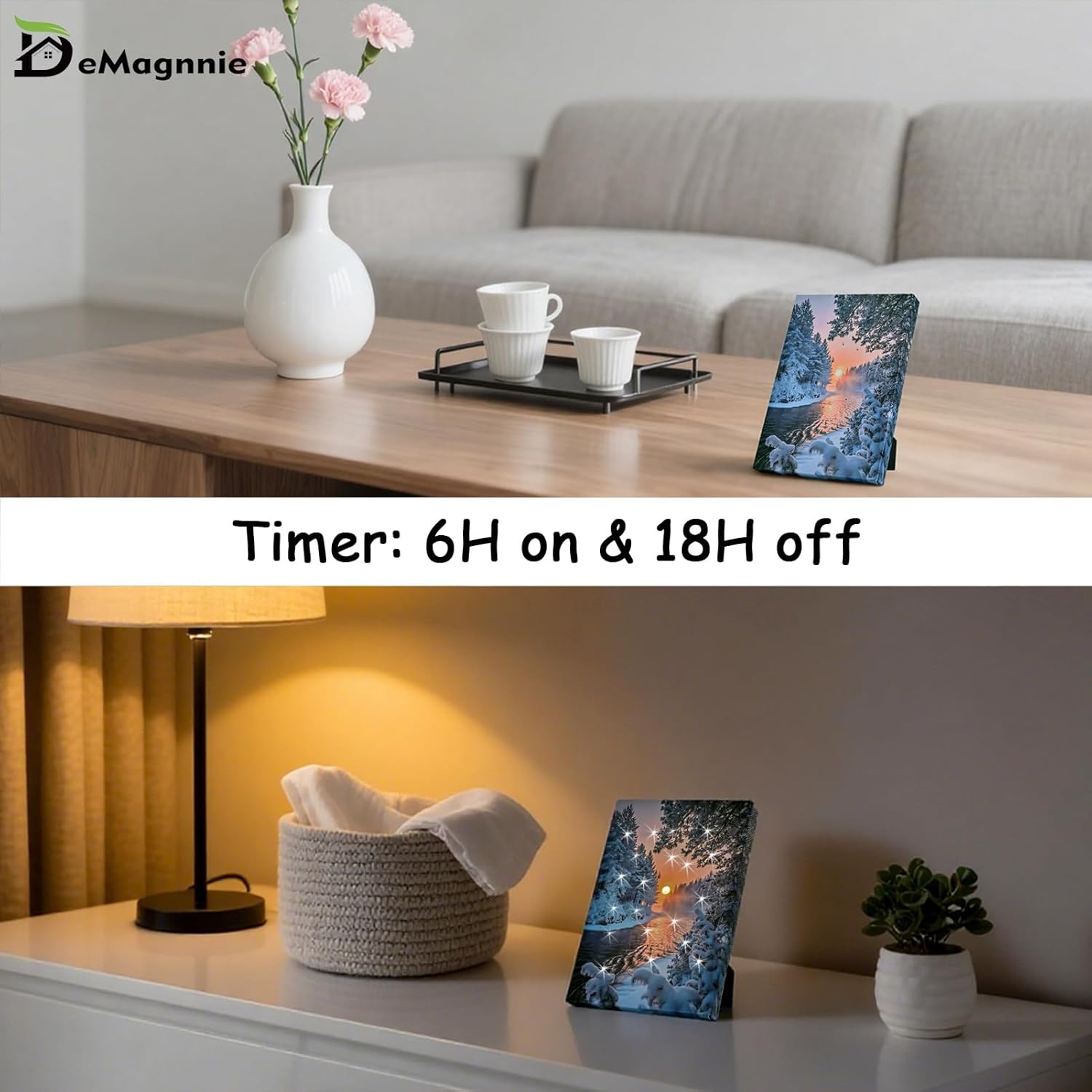LED Tabletop Holiday Pictures that Light Up w/Timer Fiber-optic Lights Build in, Small Christmas Wall Art Prints Framed w/Kickstand, Lighted Winter Scene Pictures Mini Glow Decor Christmas Picture