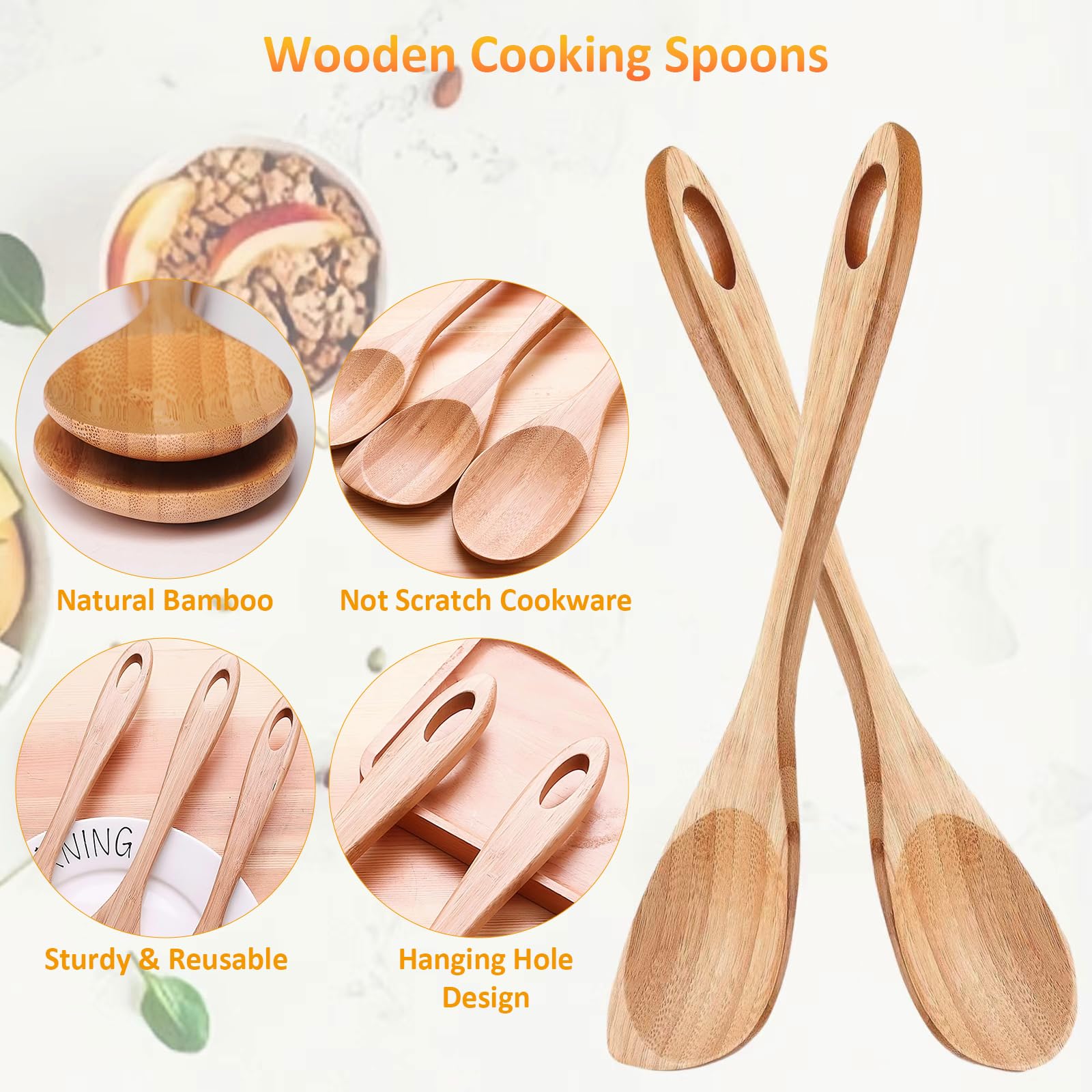 2 cucharas de madera de bambú para cocinar, cuchara de esquina de madera, espátula de bambú, con ganchos adhesivos, cuchara de cocina de madera para cocinar en casa, utensilios de cocina